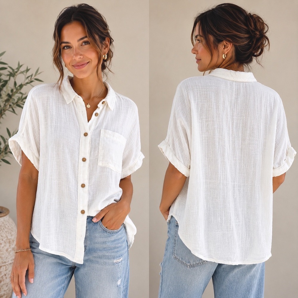 Sundance Gauze Button Down Shirt Womens SM Ivory Boxy Boho Oversized Beach